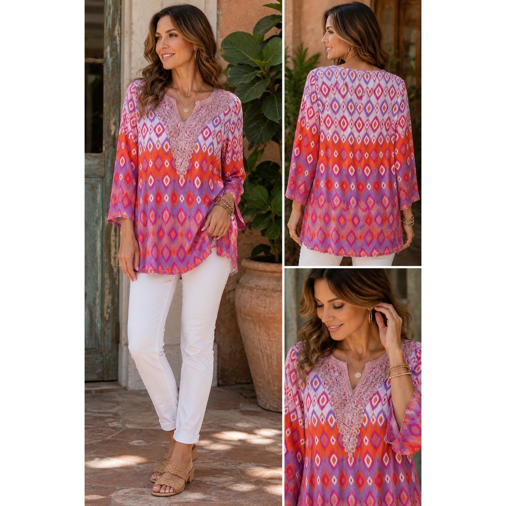 Womens L Soft Surroundings‎ Lagenlook Tunic Top Colorful Pink Orange Boho Hippie